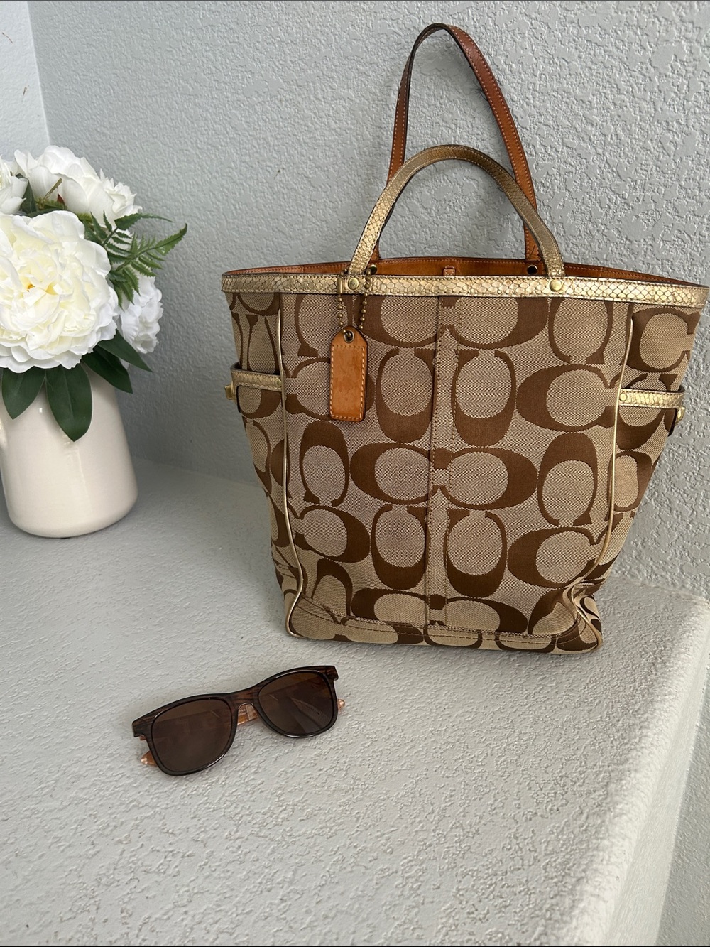Coach Signature Canvas Tote in Brown and Tan with Gold Trim